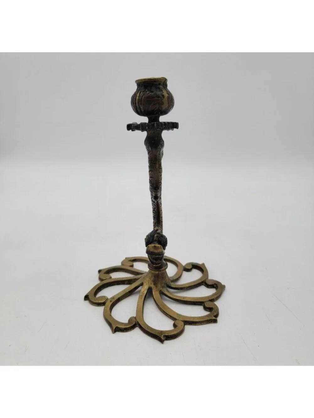 Vintage Pair of Brass Heraldic Dolphin Fish Sea Serpent Candlestick Holders